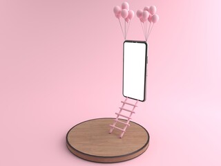 The ladder made of yellow pencil is leaning to the Smartphone white screen and a pink balloons tied to Smartphone white screen is floating, Isolated on pink Background, illustration, 3D rendering.