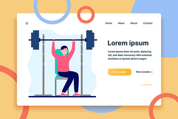 Young guy training with barbells. Weight, muscle, gym flat vector illustration. Sport and fitness concept for banner, website design or landing web page