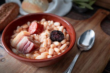 Asturian fabada plate ready to eat. Typical dish of the north of Spain. Food photography