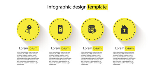 Set Cryptocurrency key, Mobile with closed padlock, Server security and House under protection. Business infographic template. Vector.