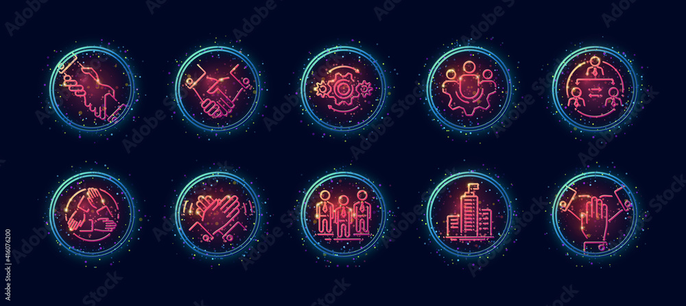Poster 10 in 1 vector icons set related to team building and co working theme. lineart vector icons in geom