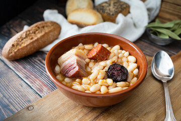 Asturian fabada plate ready to eat. Typical dish of the north of Spain. Food photography