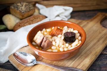 Asturian fabada plate ready to eat. Typical dish of the north of Spain. Food photography