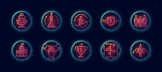 10 in 1 vector icons set related to headquarters office theme. Lineart vector icons in geometric neon glow style with particles isolated on background.
