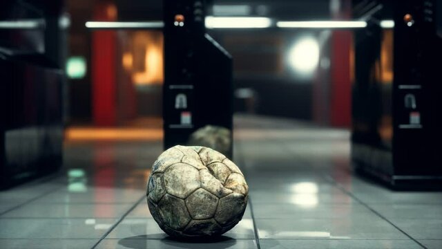 old soccer ball in empty subway