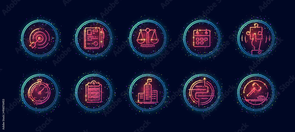 Poster 10 in 1 vector icons set related to comparison theme. lineart vector icons in geometric neon glow st