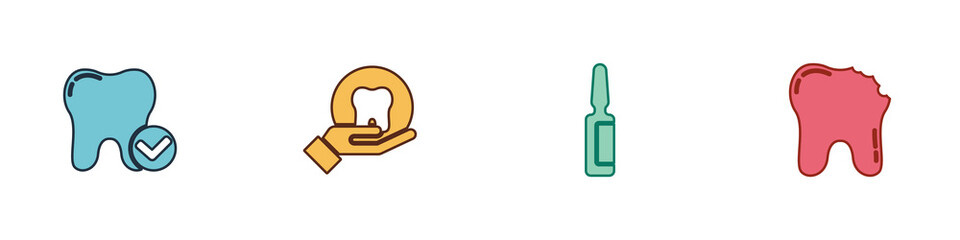 Set Tooth whitening concept, , Painkiller tablet and Broken tooth icon. Vector.