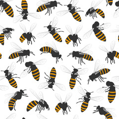 Bee vector cartoon seamless pattern on a white background.
