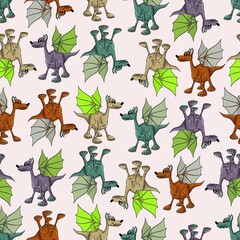 Seamless pattern of funny, cute, winged dinosaurs on a colored background. Prehistoric reptiles. Jurassic period. Vector illustration. Seamless