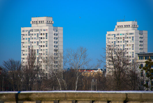 tall, white residential buildings called "sedesowce" in Wroclaw