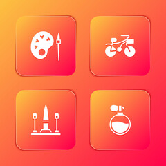 Set Paint brush with palette, Bicycle, Place De La Concorde and Perfume icon. Vector.