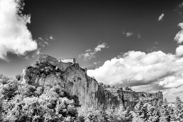 Beautiful black and white view of the rock spur on which the fortress of San Leo stands, Rimini,...