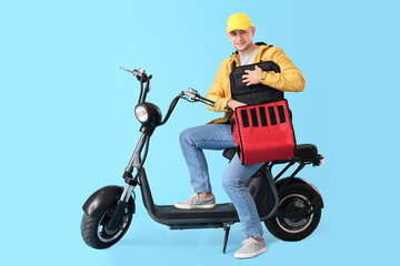 Courier of food delivery service on color background