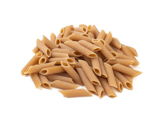 Whole wheat penne pasta isolated over white background