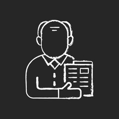 Elderly man chalk white icon on black background. Senior citizen. Old male pensioner. Maturity stage. Ageing signs. Flabby appearance. Old age pension. Isolated vector chalkboard illustration