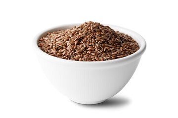 flax seeds in a ceramic bowl on a isolated on a white background