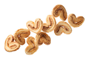 falling crunchy cookies with sugar and cinnamon, isolated on white background