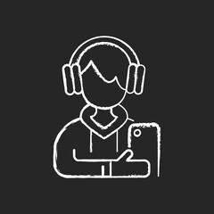 Teenage boy chalk white icon on black background. Male teenager. Adolescence. Emotional development. School stress, peer problems. Mood swings. Growth spurt. Isolated vector chalkboard illustration