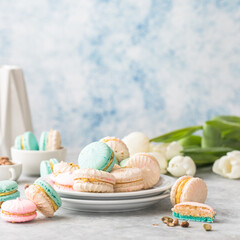 Colorful French or Italian macarons stack on white plate. Dessert for served with afternoon tea or coffee break. Beautiful meal background