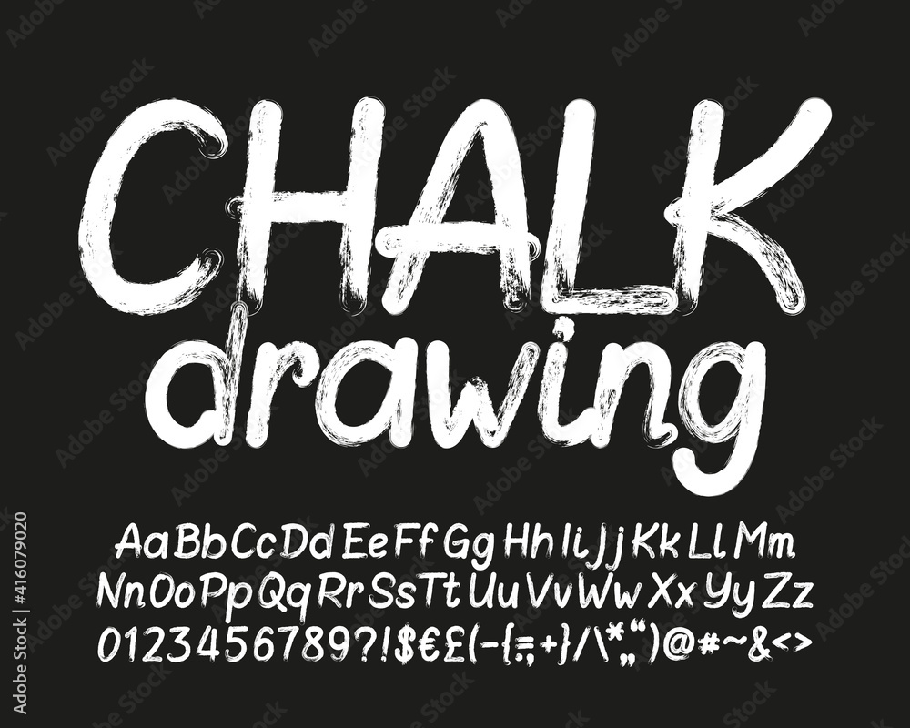 Poster chalk drawing alphabet font. hand drawn uppercase and lowercase letters, numbers and symbols. stock 