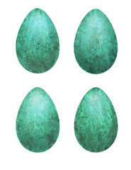 Four isolated watercolor blue speckled eggs on white background