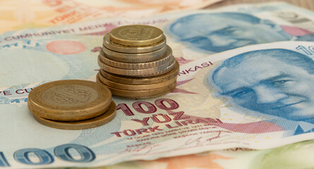 Turkish lira banknotes and coins.