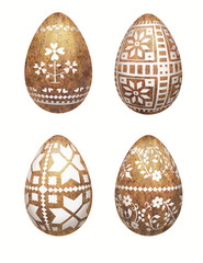 Stylized white Belarusian and Ukrainian ethnic ornaments drawn on four watercolor beige speckled eggs on a white background
