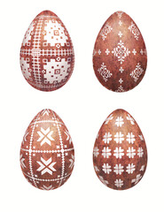 Stylized white Belarusian and Ukrainian ethnic ornaments painted on four watercolor brown speckled eggs on a white background