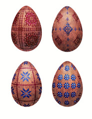 Stylized Belarusian and Ukrainian ethnic ornaments drawn in blue and red watercolor on four brown speckled eggs on a white background