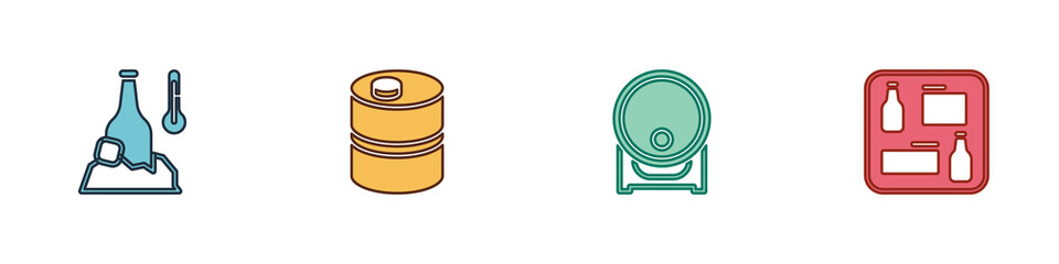 Set Cold beer bottle, Metal keg, Wooden barrel on rack and Beer menu icon. Vector.