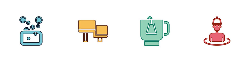 Set Bar of soap, Sauna wood bench, Cup tea with tea bag and Man in the sauna icon. Vector.