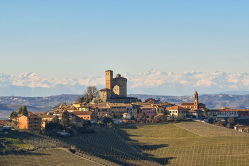 Landscape of the Langhe hills, UNESCO World Heritage Site since 2014, with the medieval Castle of...