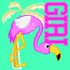 Cute flamingo girl cartoon with tropical elements background vector illustration, for fashion design