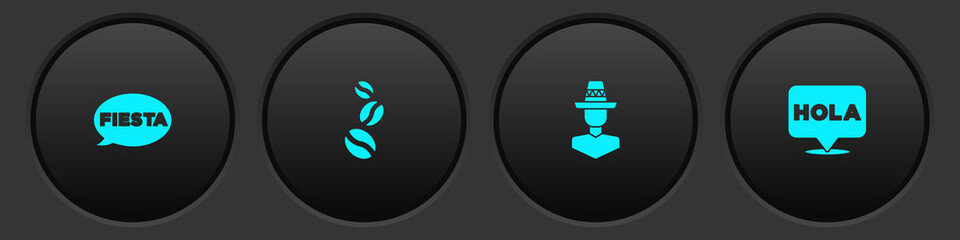 Set Fiesta, Coffee beans, Mexican man sombrero and Hola icon. Vector. © vector_v