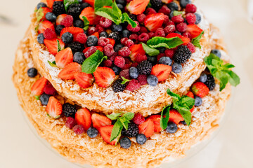 two-tier cake with strawberry, raspberry, blueberries, blackberries, mint leaves