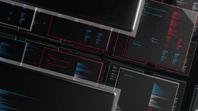 Information base of future. Animation. Span between virtual cells with numeric information. Multiple tiers of 3d tables inside virtual space