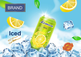 Lemon drink advertising poster design banner with aluminium can on ice cubes, lemon slices, citrus juice splashing. realistic iced tea ads vector