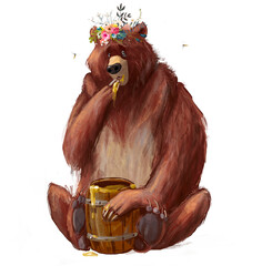 cute cartoon bear with barrel of honey