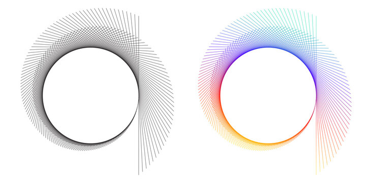 Design elements. Wave of many purple lines circle ring. Abstract vertical wavy stripes on white background isolated. Vector illustration EPS 10. Colourful waves with lines created using Blend Tool