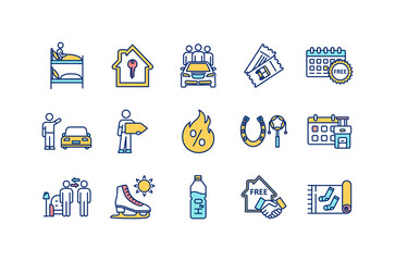 Budget tourism RGB color icons set. Hostel room. Renting apartment. Ride sharing. Hitchhiking. Public transport ticket. Hot discounts. Booking in advance. Home stay. Isolated vector illustrations