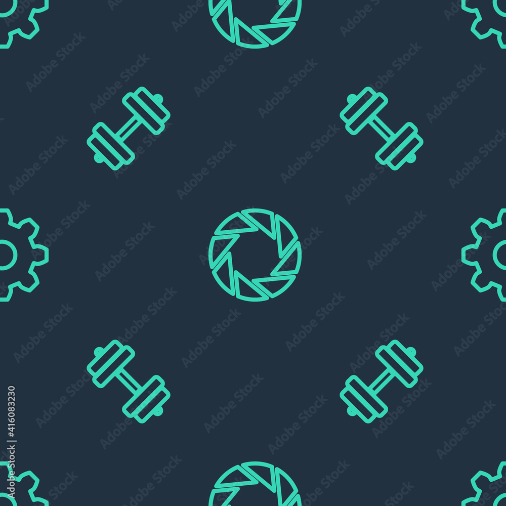 Poster set line camera shutter, dumbbell and cogwheel gear settings on seamless pattern. vector.