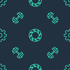 Fototapeta premium Set line Camera shutter, Dumbbell and Cogwheel gear settings on seamless pattern. Vector.