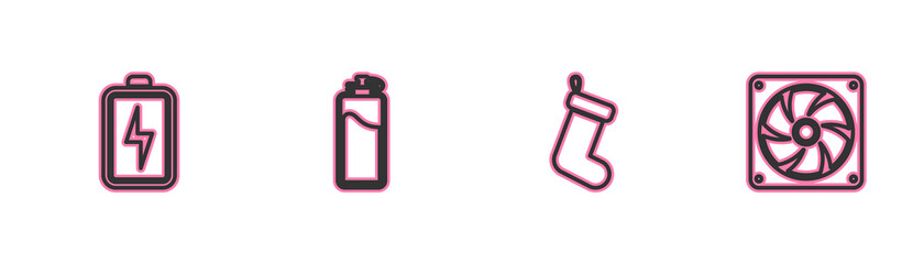 Set line Battery, Christmas sock, Sport bottle with water and Computer cooler icon. Vector.