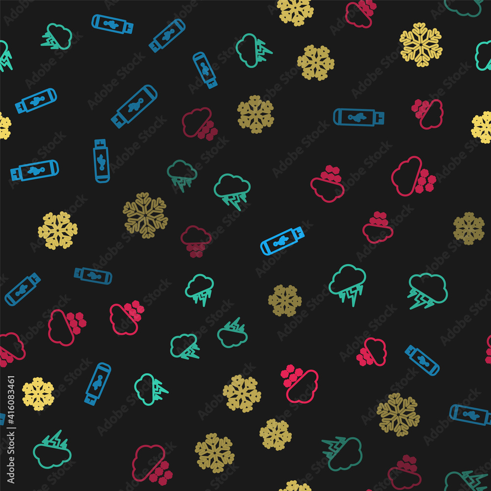 Poster set line usb flash drive, storm, snowflake and cloud with snow on seamless pattern. vector.