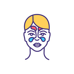 Sinusitis RGB color icon. Inflamed, swollen nasal passages. Air-filled cavities behind cheekbones and forehead. Viral infection. Bacteria, viruses, allergies. Isolated vector illustration
