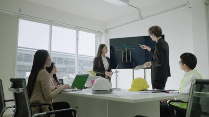 Engineers are presenting a model for electricity generation from the wind using wind turbines to generate electricity
- Powered by Adobe