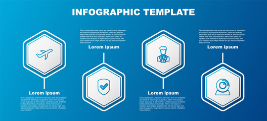 Set line Plane, Shield with check mark, Scientist and test tube and Web camera. Business infographic template. Vector.