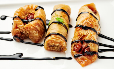baklava poured with chocolate syrup on a white plate
