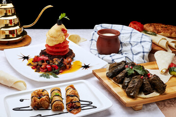 white table with oriental dishes in a restaurant