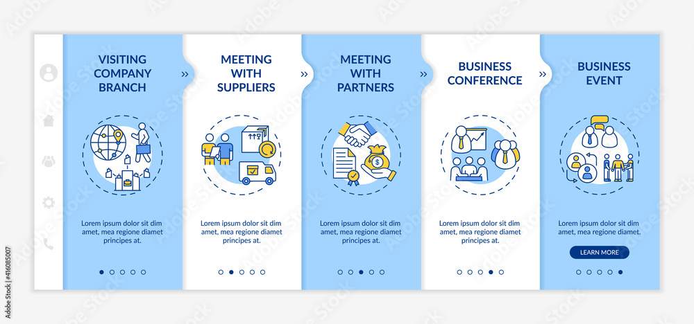 Poster business travel types onboarding vector template. visiting company branch. meeting with suppliers. r